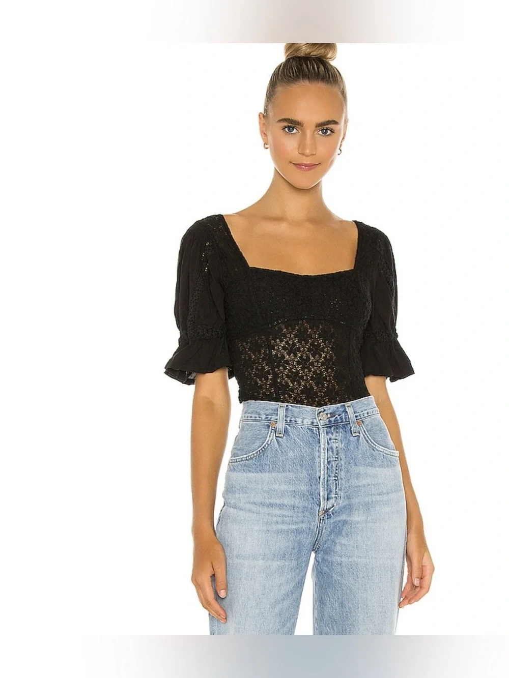 Free People Black Lace Square Neck Ruffle Sleeve Top Size S